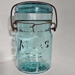 Antique Atlas E-Z Seal Aqua Pint Glass Canning Jar with Wire Bail Closure
